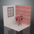 Modern Interior Scene With Red Brick Wall Window Small Table Kettle And Red Cloth