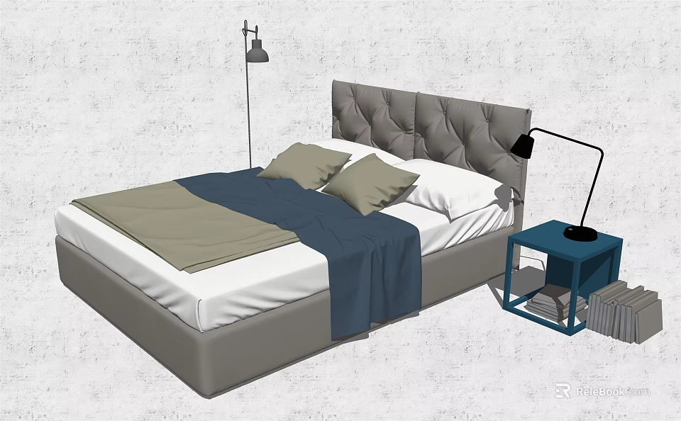 Modern Double Bed With Tufted Headboard Soft Pillows Blue Nightstand And Table Lamp 3d model