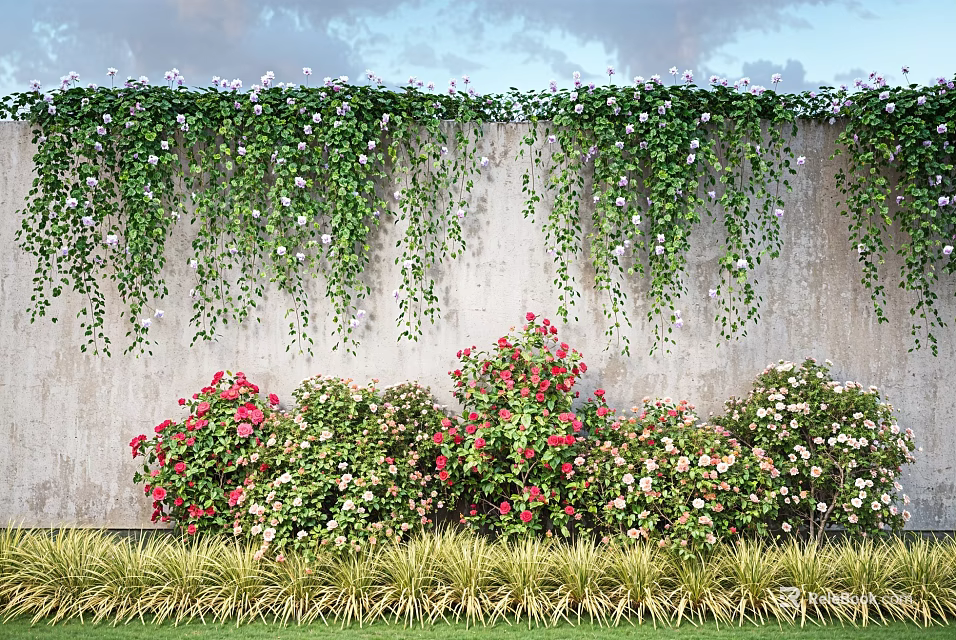 Garden Landscape With Green Vines White Flowers Red And Pink Shrubs Neat Grass Against Wall 3d model 