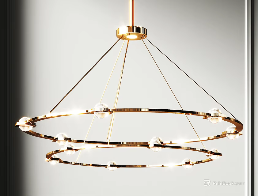 Modern Golden Circular Chandelier with Double Ring Design and Decorative Bulb Details 3d model 