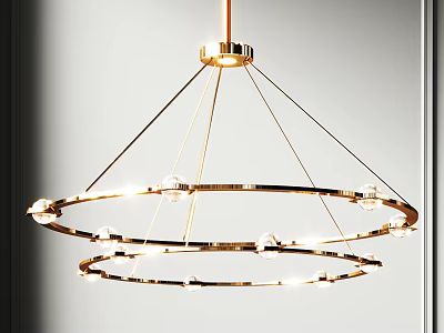 Modern Golden Circular Chandelier with Double Ring Design and Decorative Bulb Details 3d model