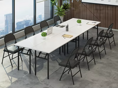 White Conference Table With Black Chairs Laptop Plants And City View Through Large Windows 3d model
