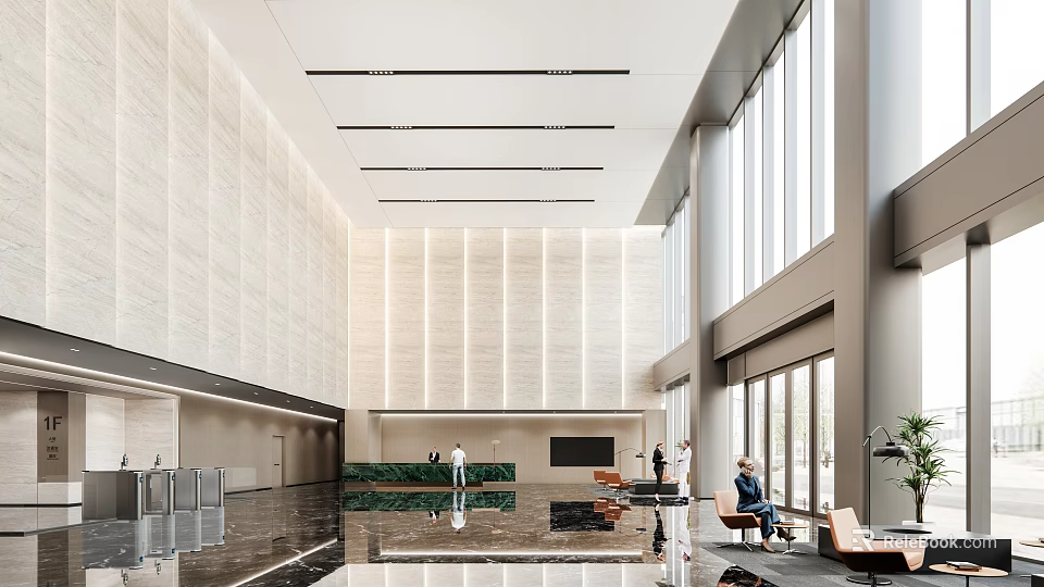 Modern Hotel Lobby With Spacious Interior Large Windows Marble Floor Front Desk And Seating Area 3d model