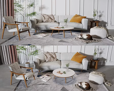 Modern Living Room Sofa Coffee Table Set With Throw Pillows Area Rug And Green Plants 3d model