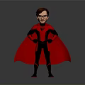 Cartoon Superhero Character In Black Suit With Red Cape Glasses And Chest Symbol