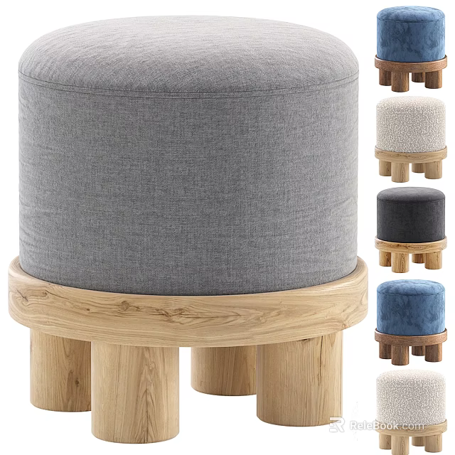 Modern Round Upholstered Stool With Wooden Base And Various Color Choices 3d model 
