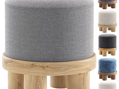 Modern Round Upholstered Stool With Wooden Base And Various Color Choices 3d model