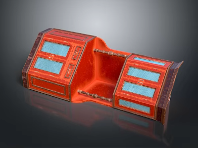 Red Decorative Furniture Piece With Blue Panels And Intricate Carved Design Elements 3d model