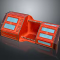 Red Decorative Furniture Piece With Blue Panels And Intricate Carved Design Elements