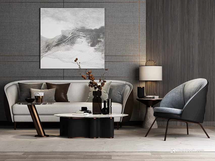 Modern Grey Sofa And Coffee Table Set With Accent Chair Wall Art And Table Lamp 3d model 