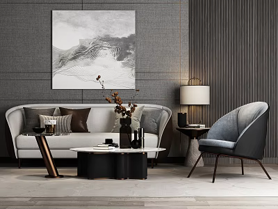 Modern Grey Sofa And Coffee Table Set With Accent Chair Wall Art And Table Lamp 3d model