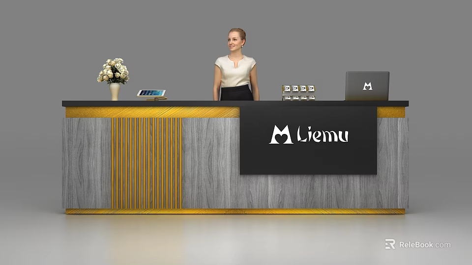 Modern Reception Desk With Gray And Gold Design Flower Vase Tablet Laptop And Liemu Sign 3d model 