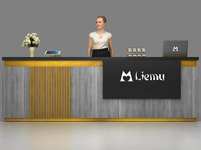 Modern Reception Desk With Gray And Gold Design Flower Vase Tablet Laptop And Liemu Sign 3d model