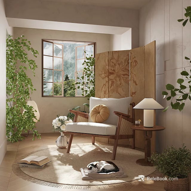 Elegant Solid Wood Upholstered Leisure Chair For Warm Sunlit Home Relaxing Corner Decor 3d model 