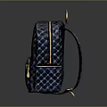 Fashionable Blue And Black Diamond Pattern Backpack With Gold Zipper And Top Handle