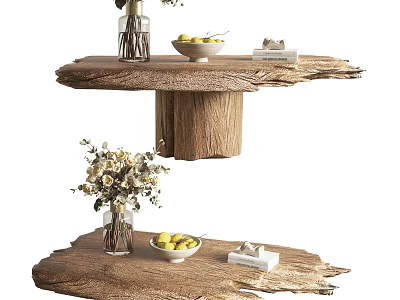 Natural Edge Wooden Coffee Table With Flower Vase Bowl of Fruits and Stack of Books 3d model