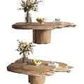 Natural Edge Wooden Coffee Table With Flower Vase Bowl of Fruits and Stack of Books