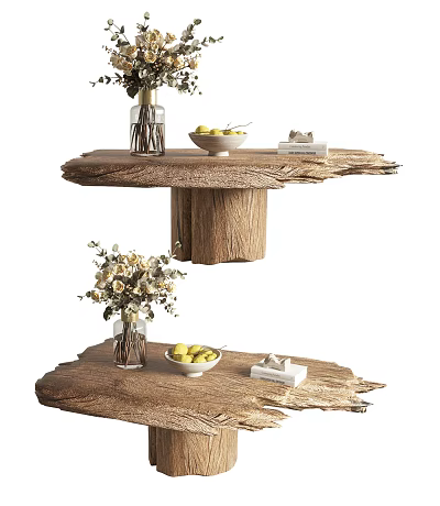 Natural Edge Wooden Coffee Table With Flower Vase Bowl of Fruits and Stack of Books 3d model