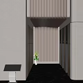 Modern Elevator Corridor Design With Striped Ceiling Lighting And Greenery 3d model