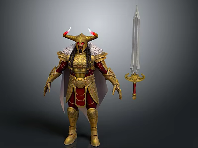 Mythical Man In Gold And Red Armor With Horned Helmet Cloak And Long Sword 3d model