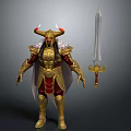 Mythical Man In Gold And Red Armor With Horned Helmet Cloak And Long Sword
