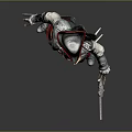Historical Assassin Themed Man in Leather Armor with Red Sash Holding Dual Swords