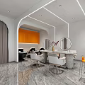 Modern Hair Salon Interior With Mirrors Salon Chairs Marble Counter And Orange Cabinets