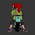 Turquoise Motorcycle With Red Haired Character In Green Jacket And Colorful Shoes