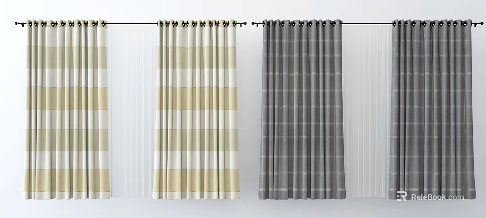 Checkered Curtain Designs For Home Decor With Beige And Gray Patterns 3d model 