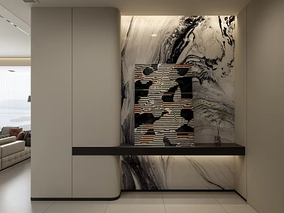 Modern Entryway With Light Gray Cabinets Marble Feature Wall And Black Console Table 3d model