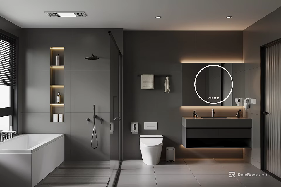 Modern Gray Bathroom Interior With Bathtub Shower Area Round Mirror And Vanity 3d model 