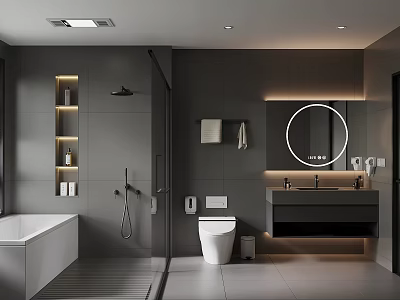 Modern Gray Bathroom Interior With Bathtub Shower Area Round Mirror And Vanity 3d model