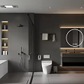Modern Gray Bathroom Interior With Bathtub Shower Area Round Mirror And Vanity
