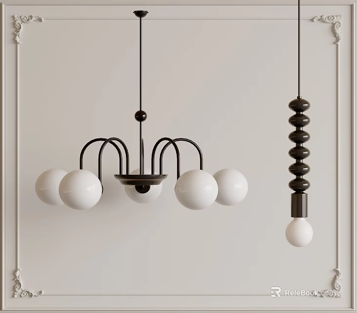 Modern Chandeliers with White Globe Lamps and Black Spiral Structure in Interior 3d model 
