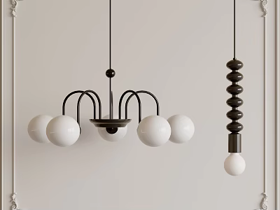 Modern Chandeliers with White Globe Lamps and Black Spiral Structure in Interior 3d model
