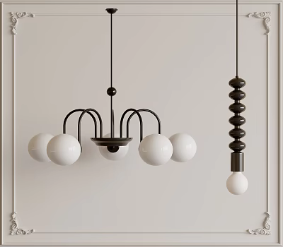 Modern Chandeliers with White Globe Lamps and Black Spiral Structure in Interior 3d model