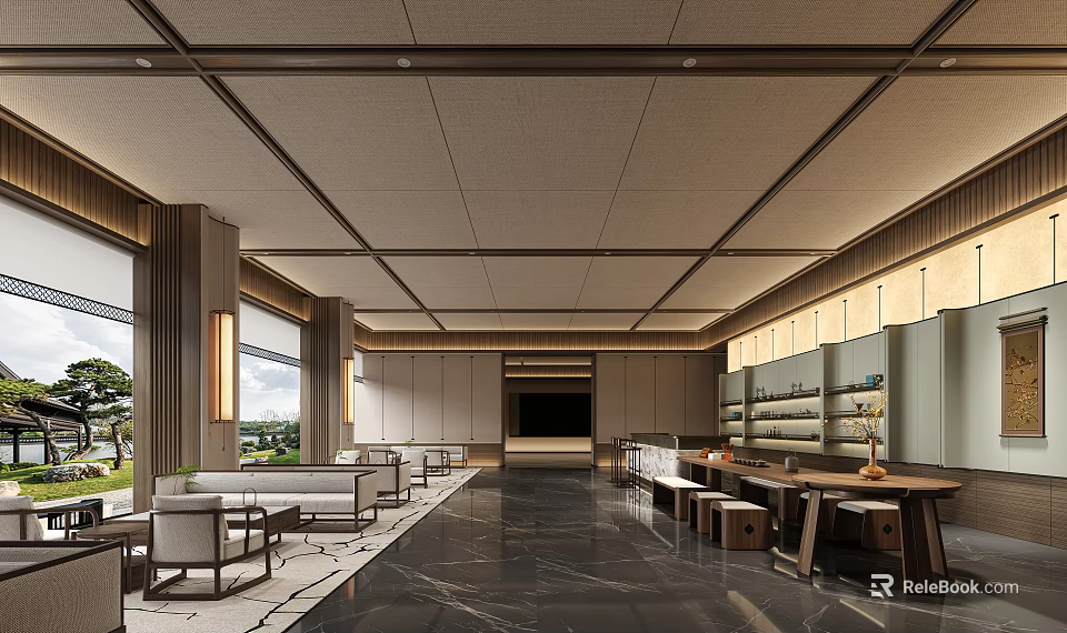 Modern Sales Office Interior With Spacious Layout Sofa Seating Reception Desk And Marble Flooring 3d model 