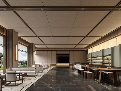 Modern Sales Office Interior With Spacious Layout Sofa Seating Reception Desk And Marble Flooring 3d model