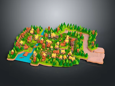 Cartoon Style Miniature Village Model With Colorful Houses Green Trees River And Roads 3d model
