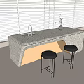 Modern Bar Counter With Gray Patterned Top Sink And Black Stools Under Window Blinds 3d model