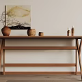 Wooden Console Table Entryway Furniture with Vase Small Jars and Hanging Painting