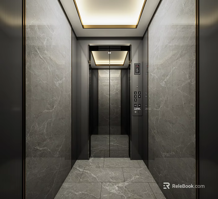 Modern Elevator Interior Design With Marble Walls Mirror Surfaces And Ceiling Lighting 3d model
