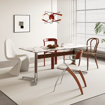 Marble Top Dining Table Set With White Wooden Chairs Red Chandelier And Window 3d model