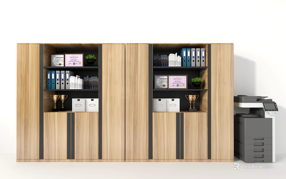 Wooden Office Bookcase With Compartments Folders Trophies And Potted Plants 3d model 