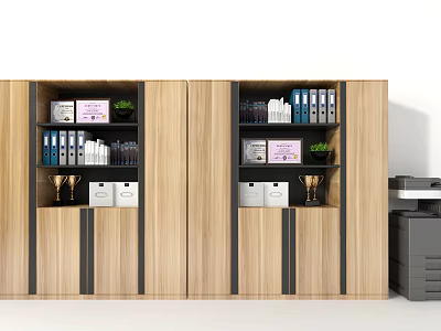 Wooden Office Bookcase With Compartments Folders Trophies And Potted Plants 3d model