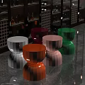 Colorful Round Coffee Tables In Modern Interior With Marble Floor And Display Cabinets