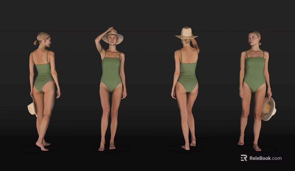 Woman In Green One Piece Swimsuit With Straw Hat Different Angles Display On Black Background 3d model 
