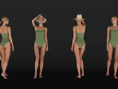 Woman In Green One Piece Swimsuit With Straw Hat Different Angles Display On Black Background 3d model