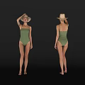 Woman In Green One Piece Swimsuit With Straw Hat Different Angles Display On Black Background