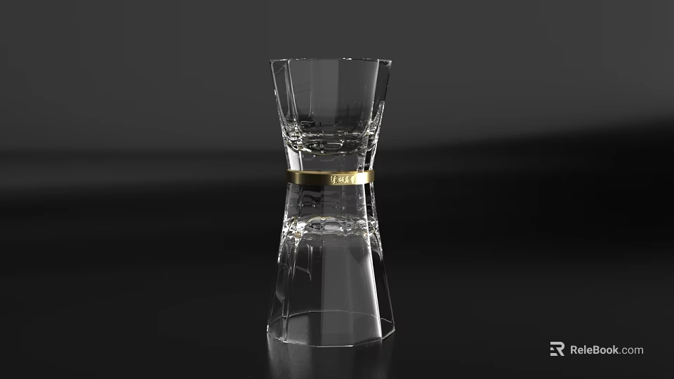 Transparent Glass Cup With Gold Ring And Reflection On Black Background 3d model